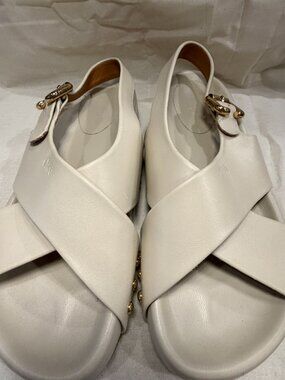 Chloé Cream Leather Studded Crossover Slingback Sandals Gold Buckle